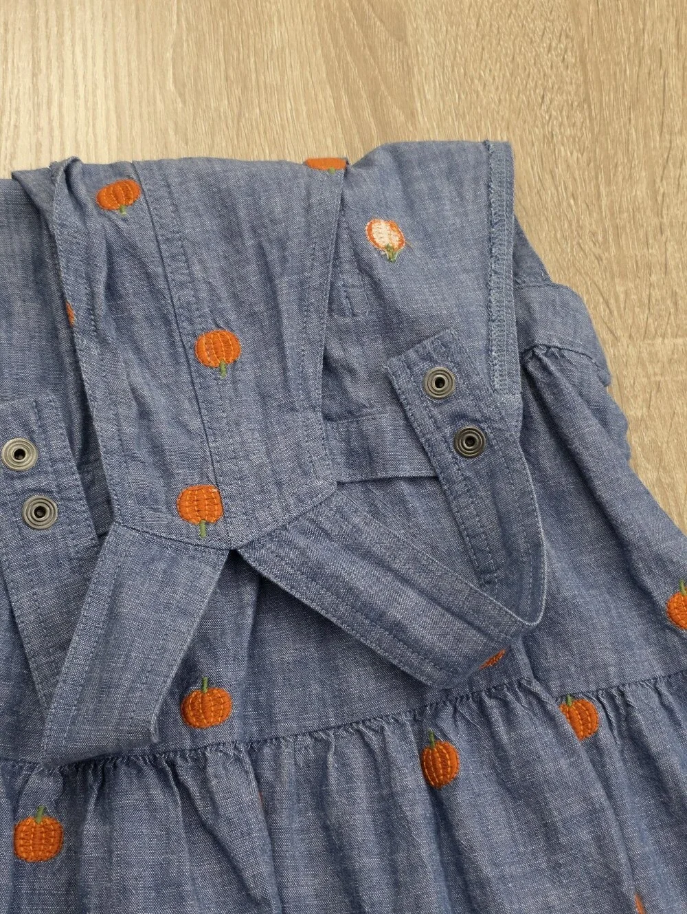 Gymboree Girls Blue Chambray Pumpkin-Embroidered Pinafore Overalls Jumper Dress